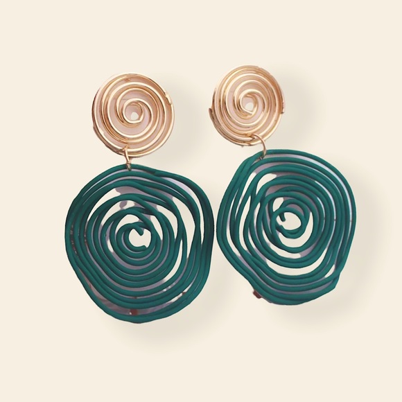 "Kendra" Asymmetrical Retro Hoop Gold Turquoise Abstract Art Geometric Earrings - Picture 10 of 10